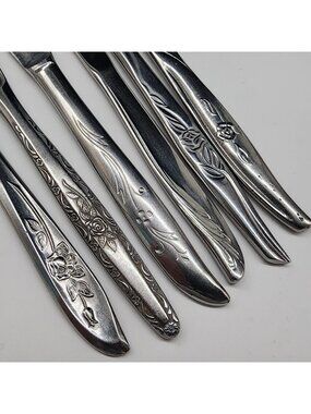 Vintage Mismatched Stainless Steel Knives Floral Rose Pattern Set 6